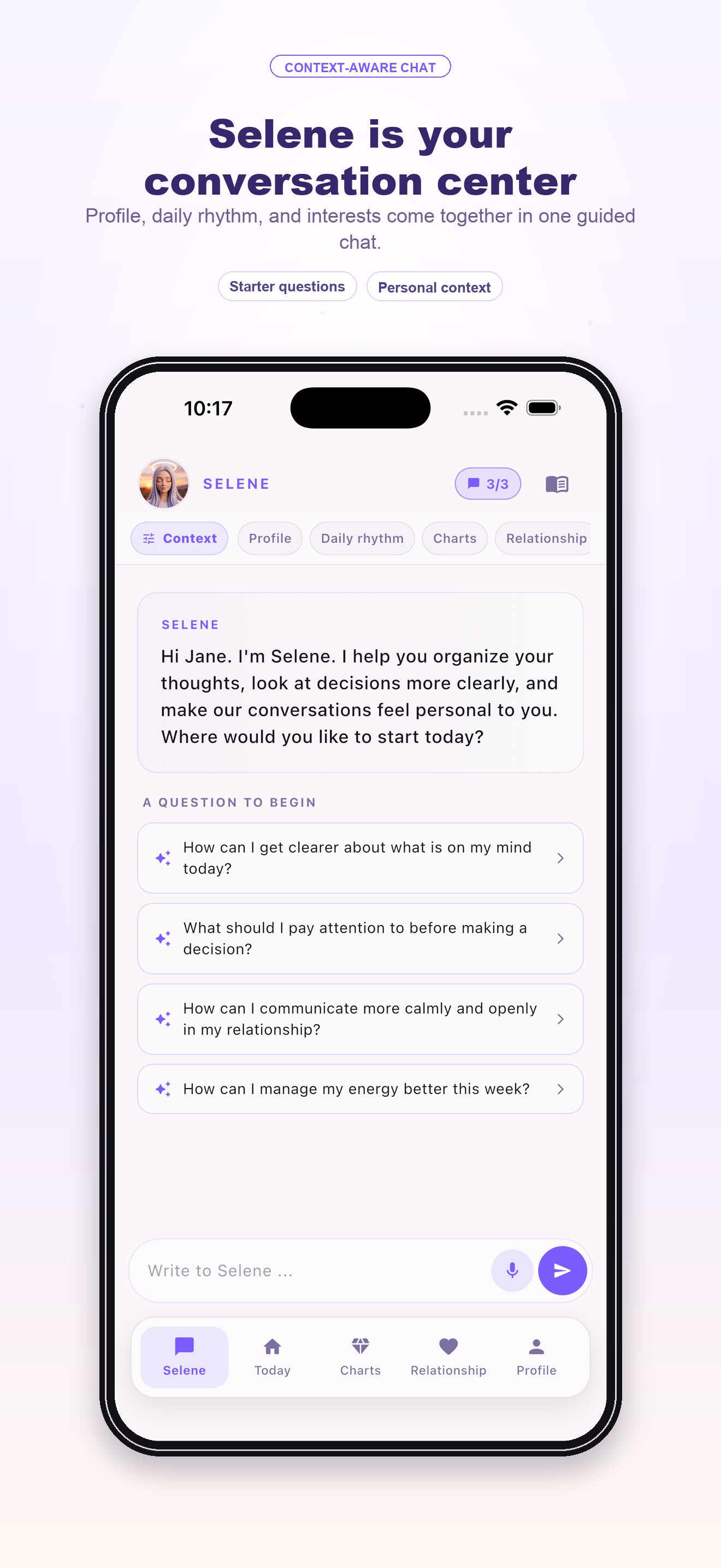 Selene chat screen — context center