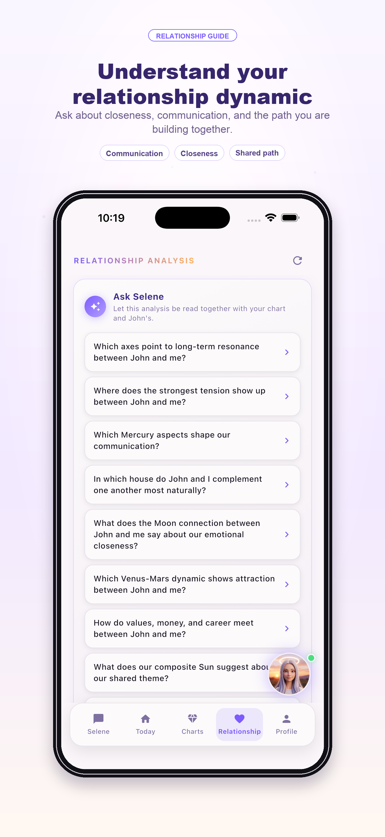 Relationship questions screen — synastry