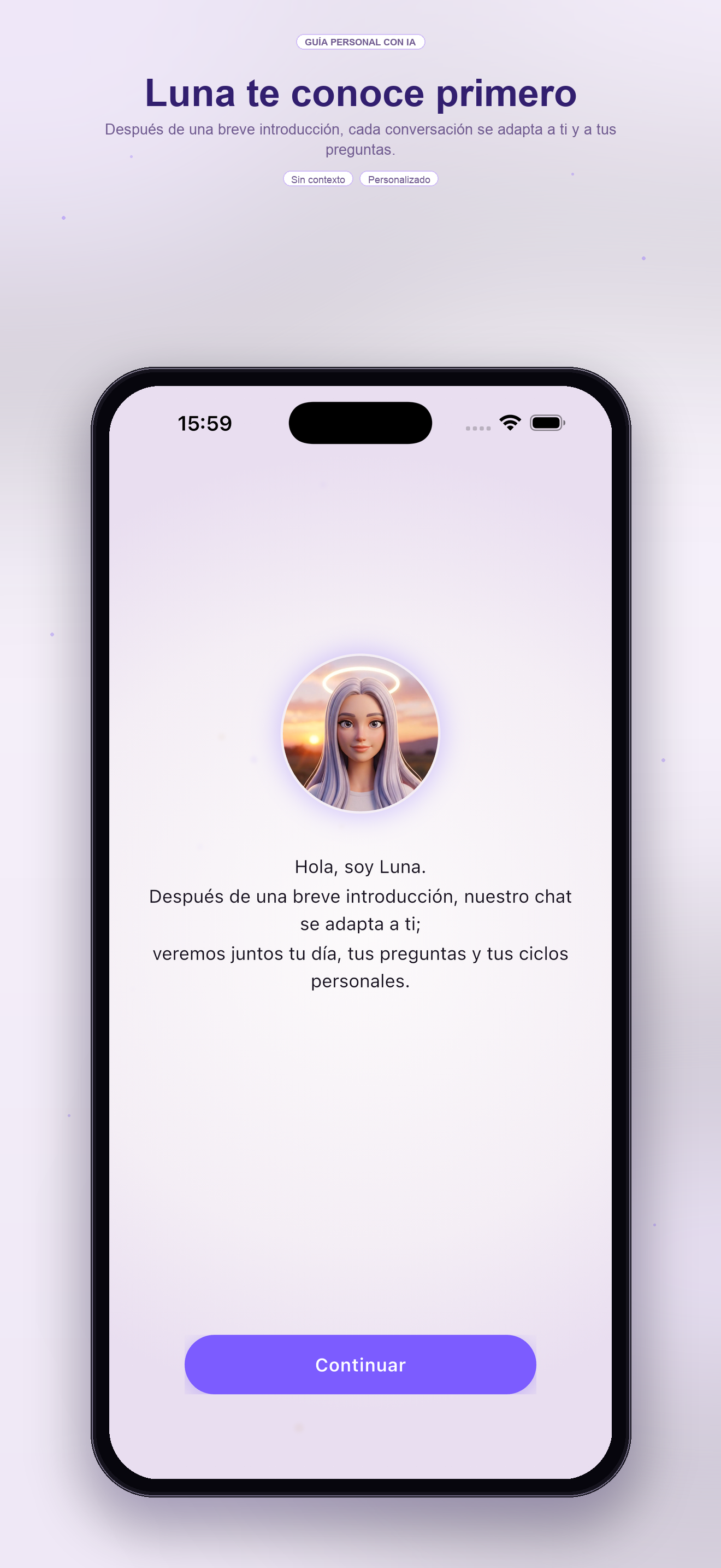 Pantalla inicial de Moon Shine AI — conoce a Luna