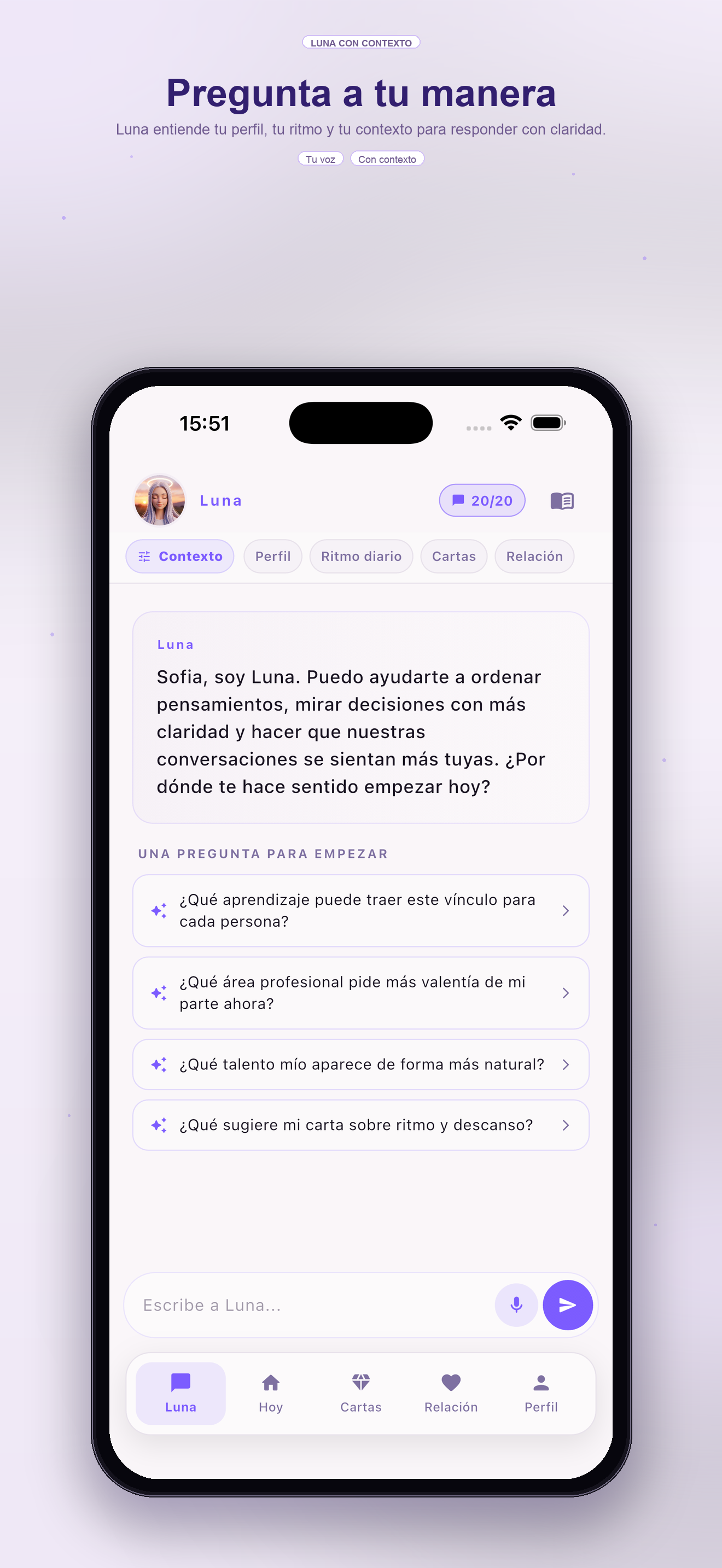 Pantalla de chat con Luna — centro de contexto