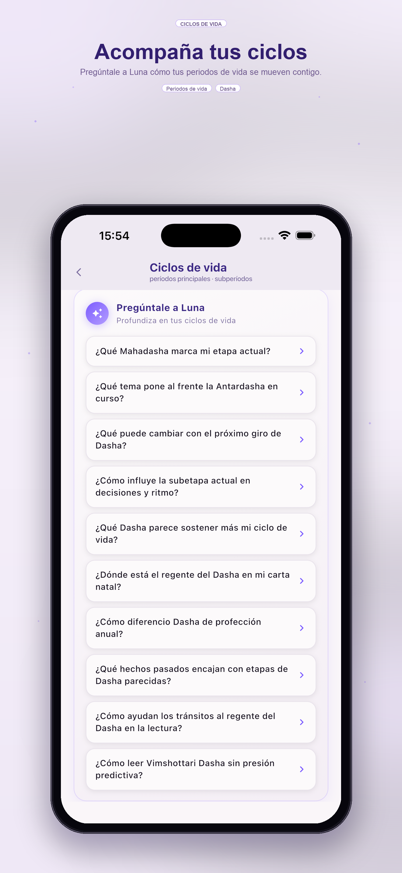 Pantalla de etapas de vida — Vimshottari Dasha