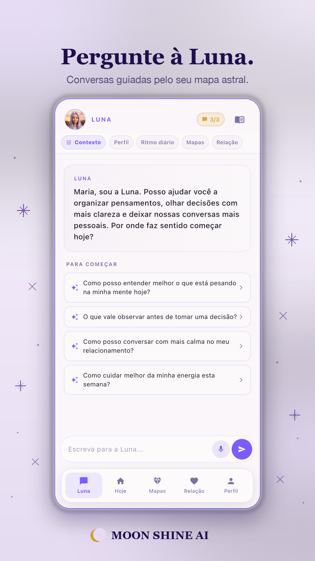 Tela de chat com Luna — centro de contexto