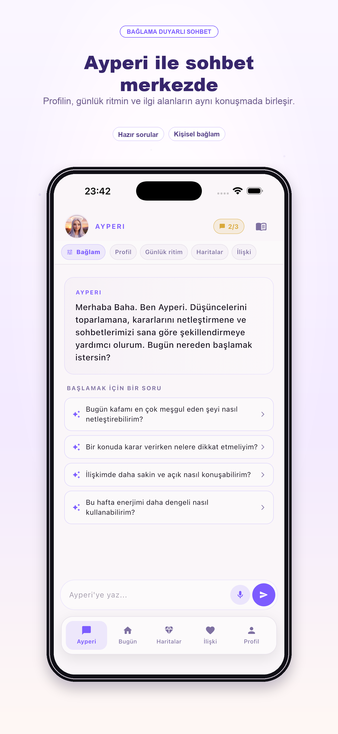 Ayperi sohbet ekranı — bağlam merkezi